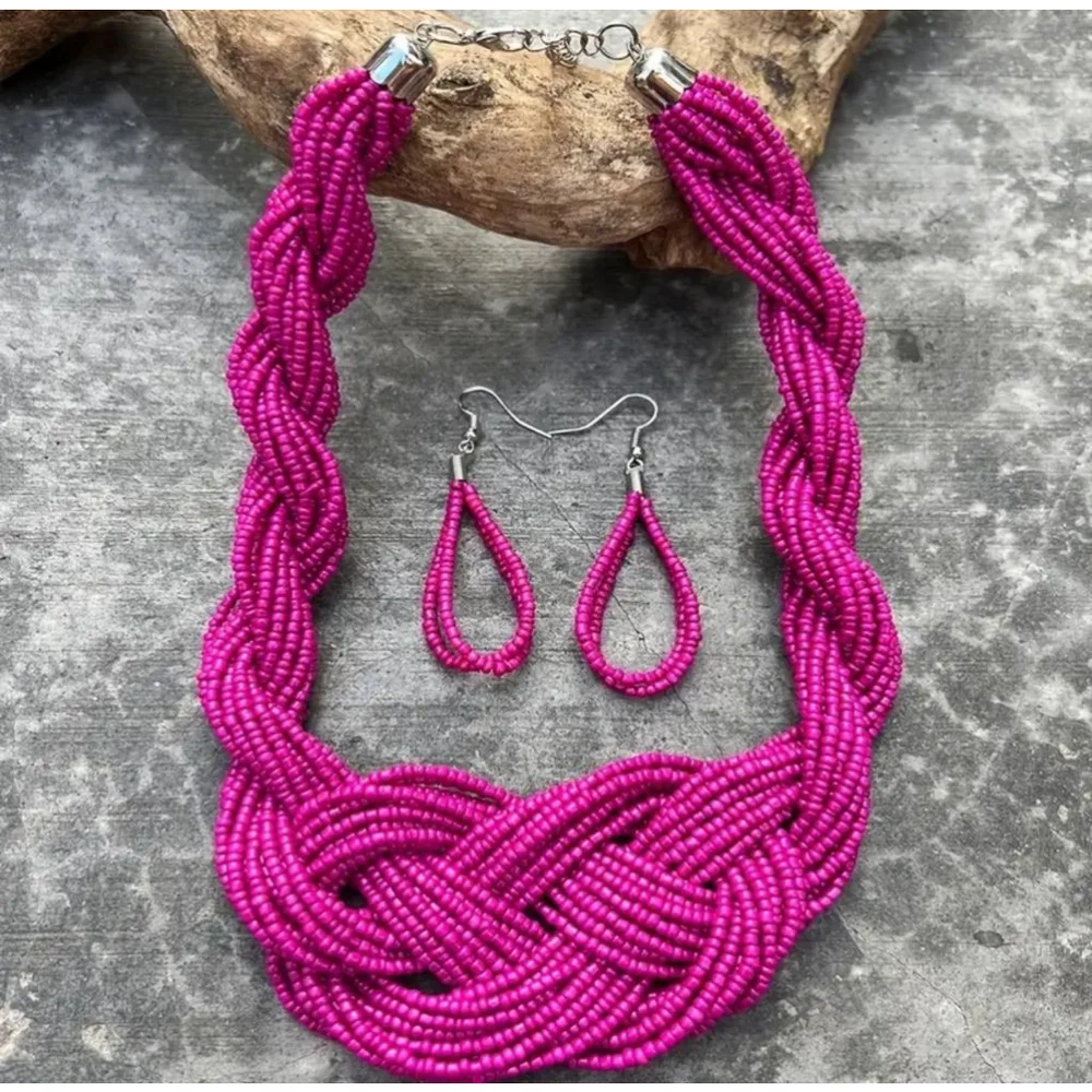 Pink Millet Bead Braided Necklace with Matching Bead Earrings